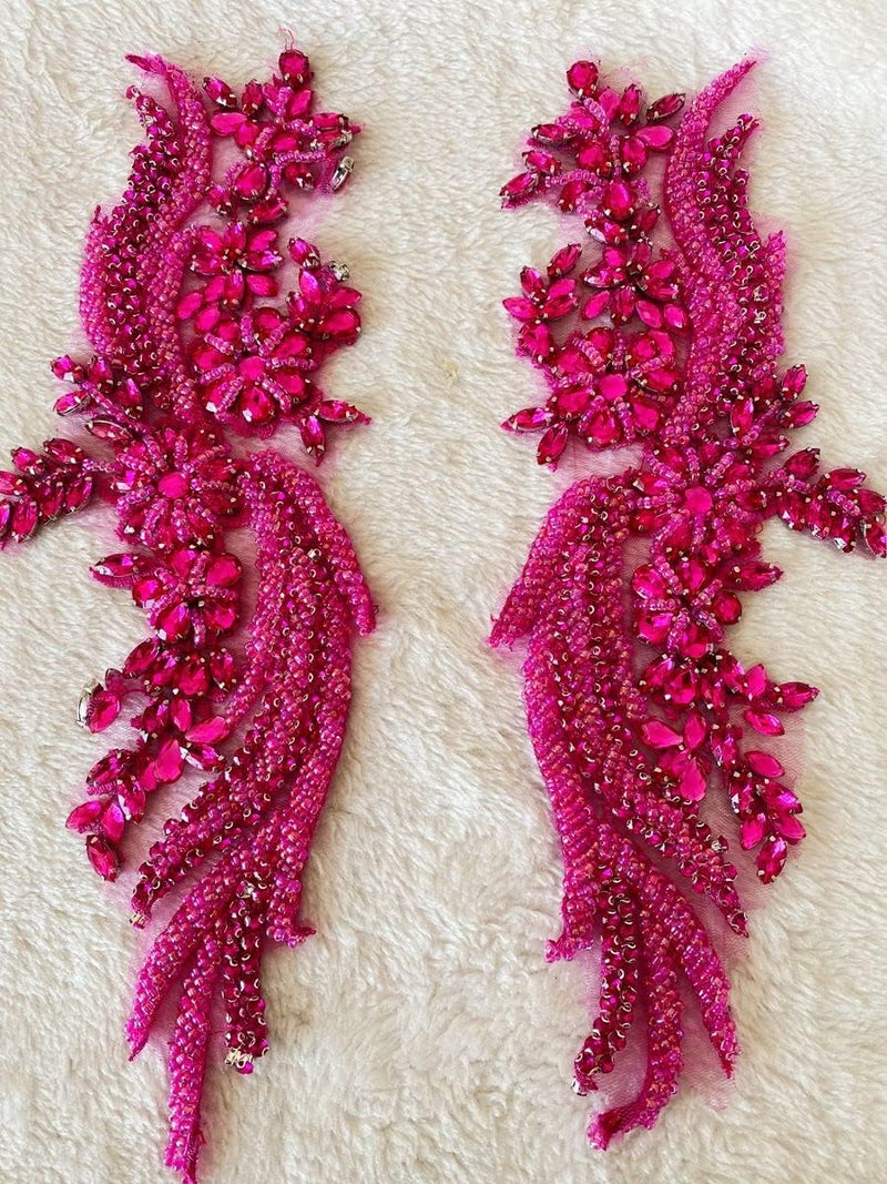 wtbvn Handsewing rhinestones beads lace applique Wing shape decoration accessories trim patches one pair (rose red) - Image 2